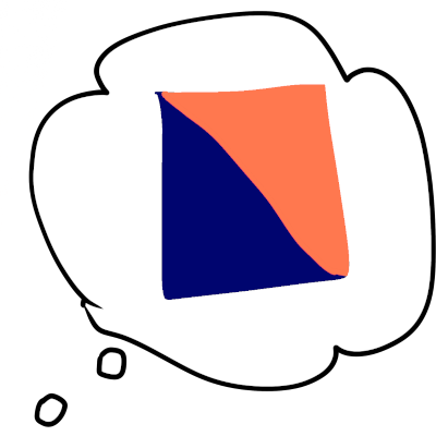 a blue and orange square with a thought bubble around it